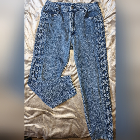 32in Waist Denim Republic, High Waisted, Braided Sides, 80's VNTG, Medium Wash - Picture 1 of 6